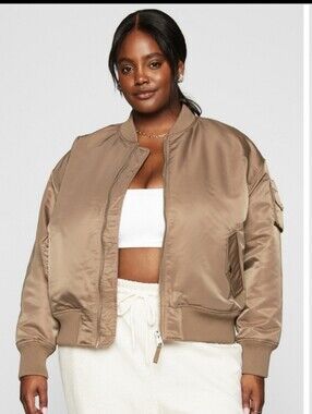 Plus Size Satin Bomber Jacket in Taupe